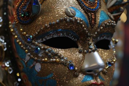 close-up of glittery mask, with intricate details and beads on the face, created with generative aiの素材