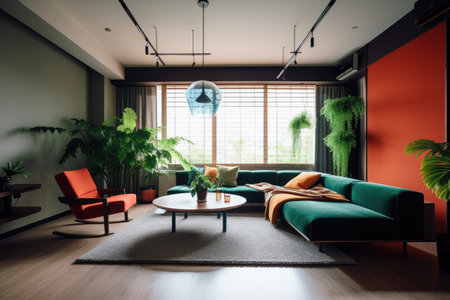modern japanese style interior with sleek furniture, bold colors, and pop of greenery, created with generative aiの素材