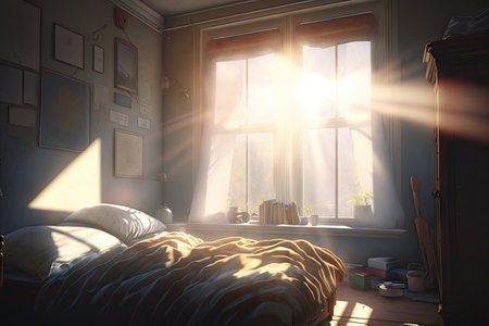 a cozy bedroom, with the sun rays shining through the window and warming up a plush comforter, created with generative aiの素材