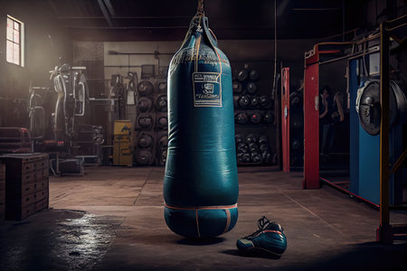 punching bag in boxing gym, surrounded by equipment and supplies, created with generative aiの素材