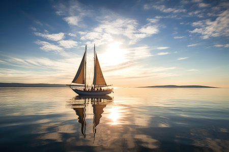 sailing vessel in calm and tranquil waters, with warm sun shining down, created with generative aiの素材