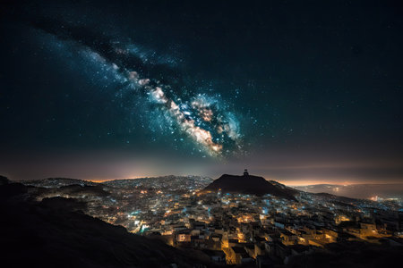 nighttime view of galactic city, with bright lights and stars visible in the night sky, created with generative aiの素材