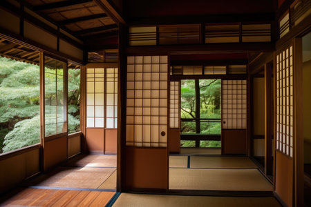 traditional japanese house with wooden exterior and sliding screen doors, created with generative aiの素材