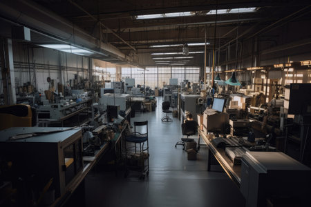 a room filled with sensors and monitoring equipment, with a view of a busy manufacturing floor, created with generative aiの素材