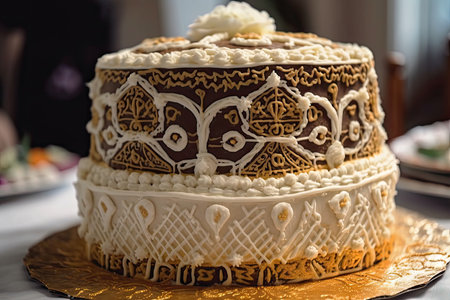 close-up of intricate layered cake, with frosting and decorations in the foreground, created with generative aiの素材