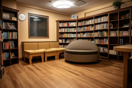 library with stacks of books and reading spot in the corner, created with generative aiの素材