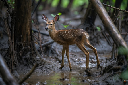 baby deer, with its first steps in the forest, created with generative aiの素材
