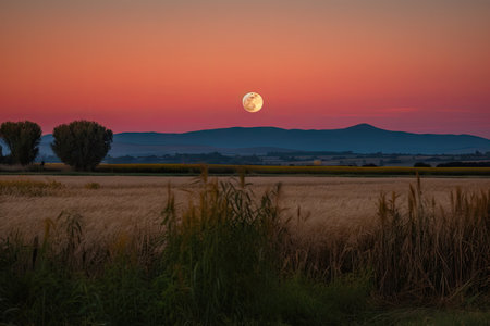gorgeous sunset, with the harvest moon rising in the background, created with generative aiの素材