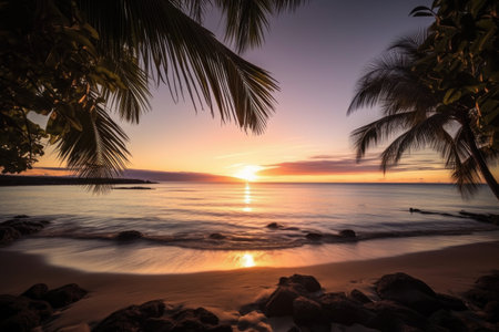 exotic beach, with view of sunset and palm trees in the background, created with generative aiの素材