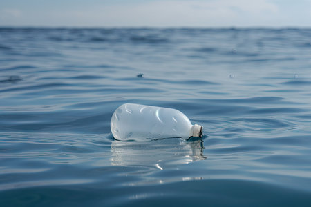 plastic bottle floating on calm ocean waves, created with generative aiの素材