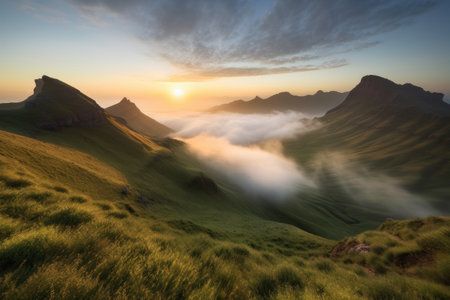 majestic mountain range, with misty clouds and sunrise in the horizon, created with generative aiの素材
