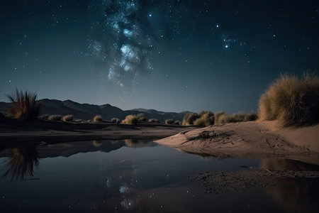 night sky with stars and moon over desert mirage of water, created with generative aiの素材