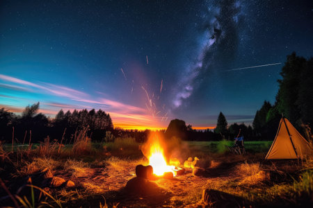 campsite with bonfire, roasted marshmallows and starry sky in the background, created with generative aiの素材