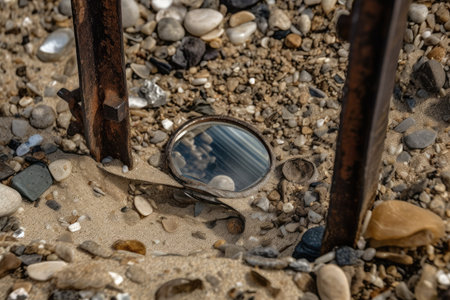 metal detector frame with close-up of the ground, showing broken glass and coins, created with generative aiの素材