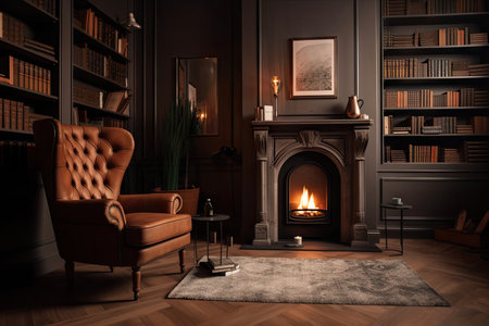 lofie interior with cozy armchair, fireplace and bookshelf, created with generative aiの素材