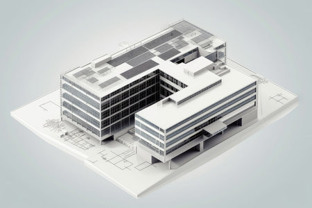 architectural plan, with isometric view of modern office building and axonometric view of exterior, created with generative aiの素材