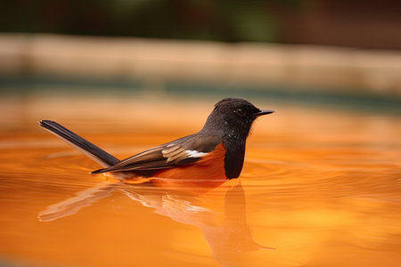 male redstart bird in swimming pool, its bright colors shining, created with generative aiの素材