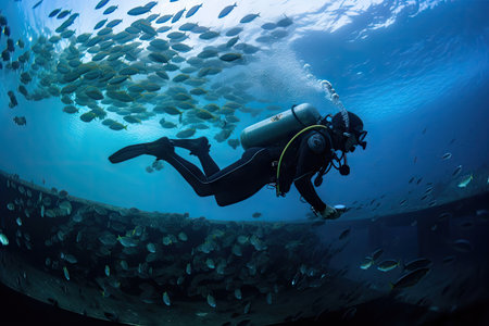 scuba diver floating above school of fish, with view of marine landscape visible in the background, created with generative aiの素材