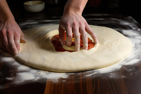 pizza dough being stretched to form thin, round crust for classic pizza, created with generative aiの素材