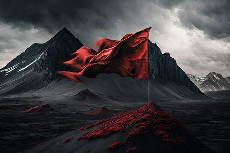peak with red flag fluttering in the wind, surrounded by dramatic landscape, created with generative aiの素材