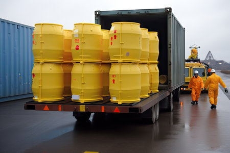 nuclear waste being transported in sturdy, waterproof containers, created with generative aiの素材