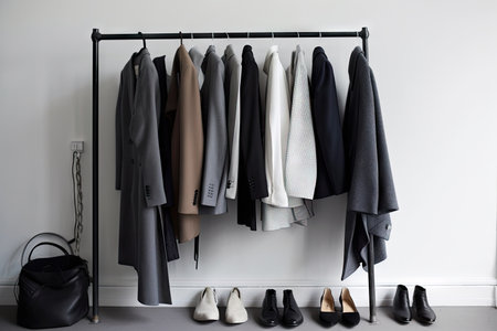 minimalist wardrobe with a touch of color in the form of a scarf or shoes, created with generative aiの素材