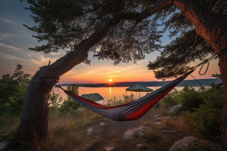 campsite with hammock and view of the sunset, for peaceful relaxation, created with generative aiの素材