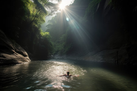 person, swimming in the pool at the base of dramatic waterfall, with sun shining through, created with generative aiの素材