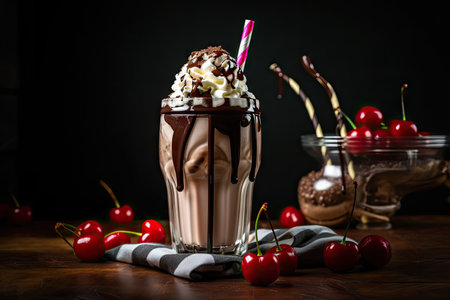 delicious milkshake drizzled with chocolate sauce and cherry on top, created with generative aiの素材
