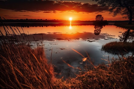 sunset over lake surrounded by natural beauty of the countryside, created with generative aiの素材