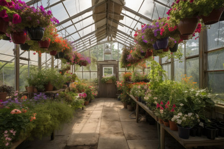 greenhouse with hanging baskets of flowers and herbs, created with generative aiの素材