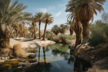 oasis in the dessert, with palm trees and clear water springs, created with generative aiの素材