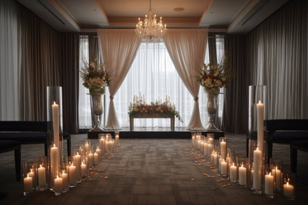 ceremony setup with floral arrangements, candles and linens in a sleek and modern atmosphere, created with generative aiの素材