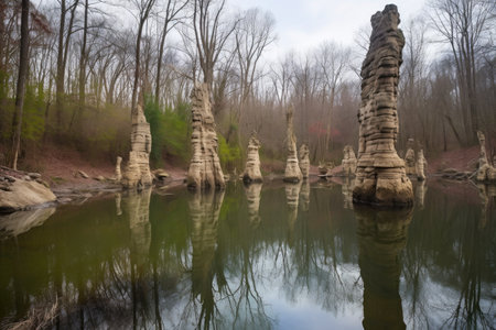 natural rock formations towering over a tranquil pond, created with generative aiの素材