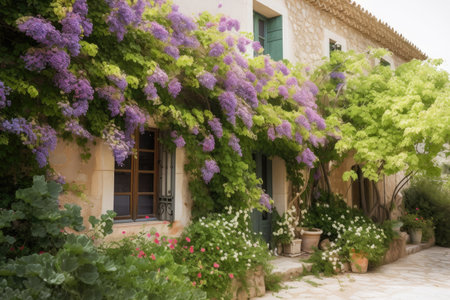 mediterranean house with vine-covered exterior, surrounded by blooming flowers and greenery, created with generative aiの素材
