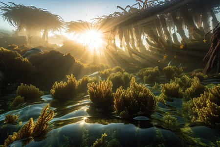 kelp forest at sunrise, with the sunlight filtering through the water, created with generative aiの素材
