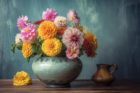 pastel flowers in watercolor vase on wooden table, created with generative aiの素材