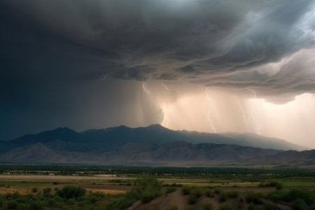 stormy sky and mountains, with dramatic clouds and lightning, created with generative aiの素材