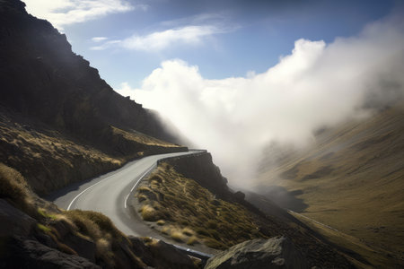 dramatic mountain landscape, with misty clouds and blue sky above, viewed from a winding road, created with generative aiの素材