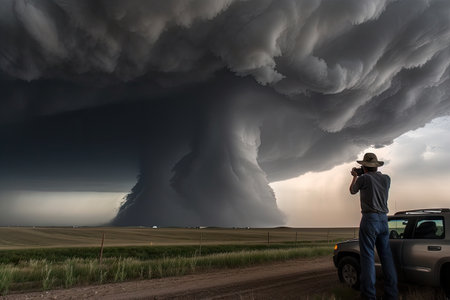 storm chaser capturing the moment of a tornado touching down, with dramatic sky and storm visible in the background, created with generative aiの素材
