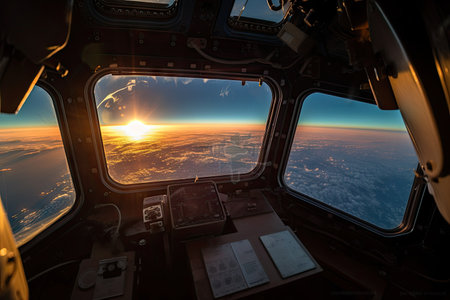 space tourist witnessing sunrise from space station window, created with generative aiの素材