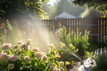 sprinkler spraying water onto blooming garden, with wooden fence in the background, created with generative aiの素材