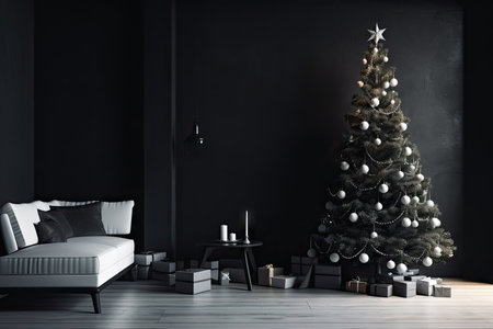 modern minimalist christmas tree with white lights and ornaments in a black room, created with generative aiの素材