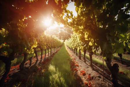 vineyard with rows of vines and sun shining through the leaves, created with generative aiの素材