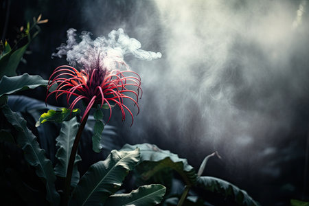 smoky jungle, with close-up of an exotic flower in bloom, created with generative aiの素材