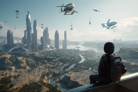 space tourist viewing city of the future, with flying cars and high-tech buildings, created with generative aiの素材