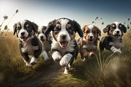 a pack of puppies, running and playing together in a field, created with generative aiの素材