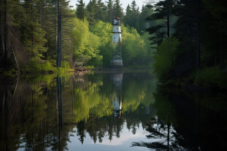 reflection of lighthouse in still, quiet lake, surrounded by forest, created with generative aiの素材