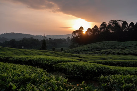 tea plantation sunset, with view of the horizon and the setting sun, created with generative aiの素材