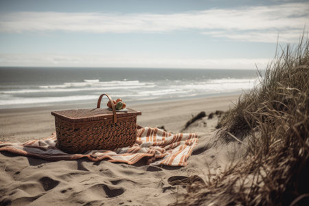 beautiful beach with picnic basket, blanket, and view of the ocean, created with generative aiの素材